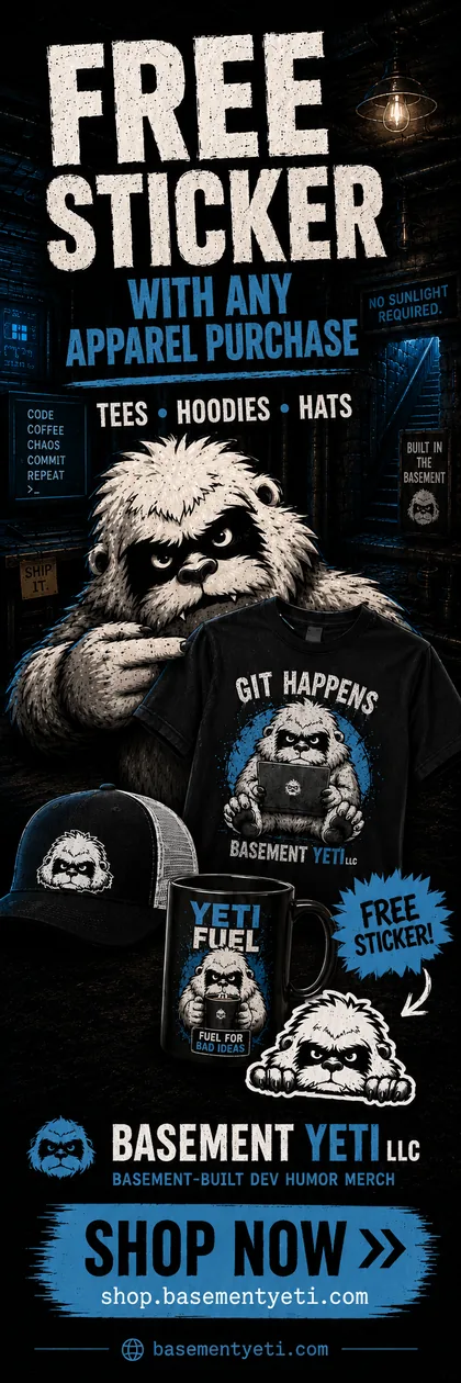 Basement Yeti — free sticker with any apparel. Shop dev-humor tees, hoodies, and hats.